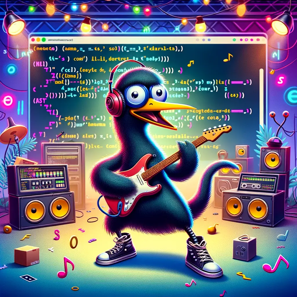 A cartoon emu rocking out with a guitar